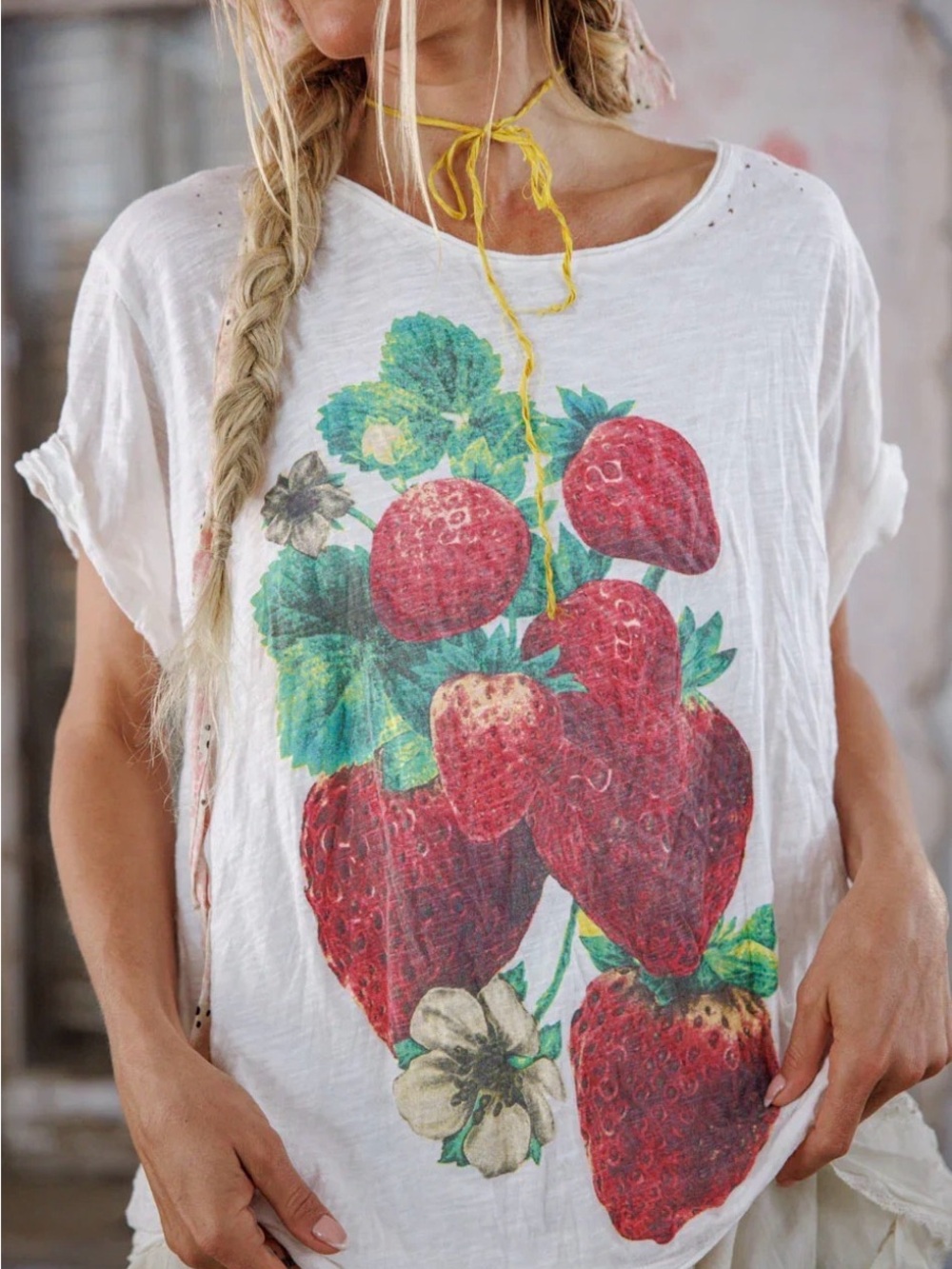 MP White Strawberry Graphic Short Sleeve Women's Top